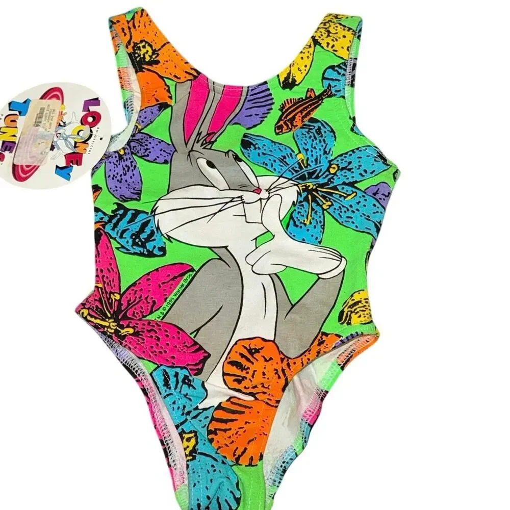 NWT 2T Vintage 90s Warner Brothers Bugs Bunny & Daffy Duck One piece Swimsuit